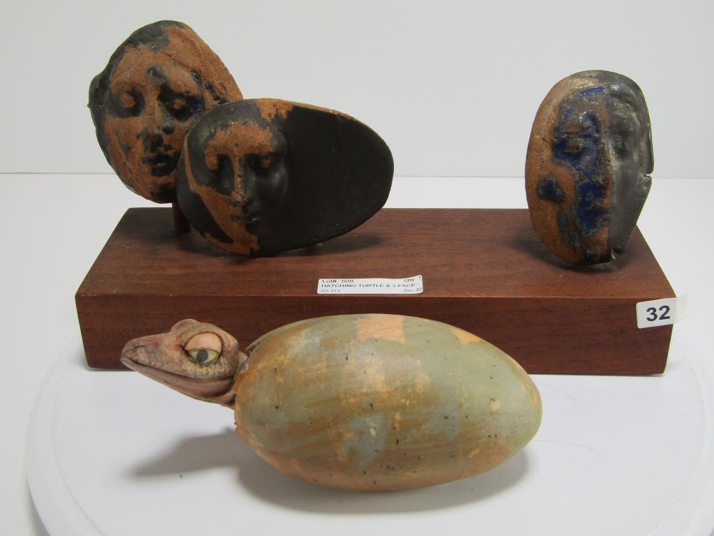 HATCHING TURTLE & 3 FACE MOUNTED POTTERY PIECE