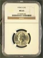 US Coins 1954-D Washington Quarter MS65 NGC