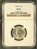 US Coins 1958-D Washington Quarter MS64 NGC