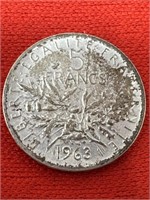 1963 FRANCE SILVER 5 FRANCS COIN 83.5% Silver