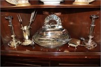 Assorted Silverplate serving pieces & candlestands