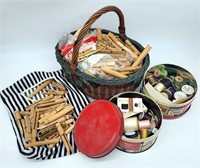 Basket of Clothes Pins & Candy Tins w Sewing Threa