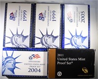5 - U.S. PROOF SETS; 2-1999, 2004, 2005,