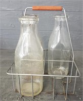 (3) Vintage Glass Milk Jugs With Rack