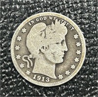1913-P US Barber Quarter *KEY DATE