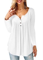 R3610  Amoretu Long Sleeve Henley Shirt, White, L