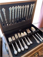 Assumed silver plated flatware with wooden