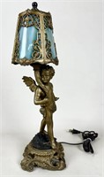 Cast Metal Lamp with Stained Glass Shade