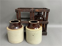 Pair of Stoneware Crocks w/ Growler in Crate