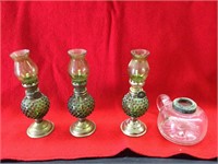 3 Miniature Karosene Lamps and Candle Holder