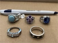 5 costume jewelry rings - blue purple turquoise