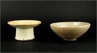 Antique Korea Celadon Pottery Offering Bowl, Stand