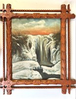 FOLK PAINTING OF A WATERFALL IN WINTER