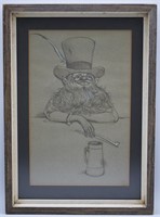 Vintage Signed Pencil Drawing of Gnome