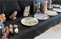box of porcelain owl figurines & plates