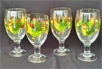 6 Hand Painted and Blown Rooster Wine Glasses