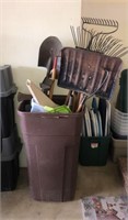 Trash Can w/shovels, rakes, axes, hoe, vacuum