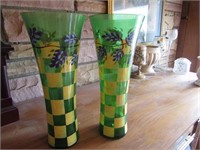 Pair of Green Plaid Glass Vases