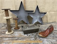 Wooden spools, metal stars, shoe mold etc…