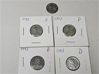 1943 P, D &S Steel Wheat Penny Coins (5)