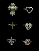 (6) Sterling Two Tone Rings- Crosses & Hearts