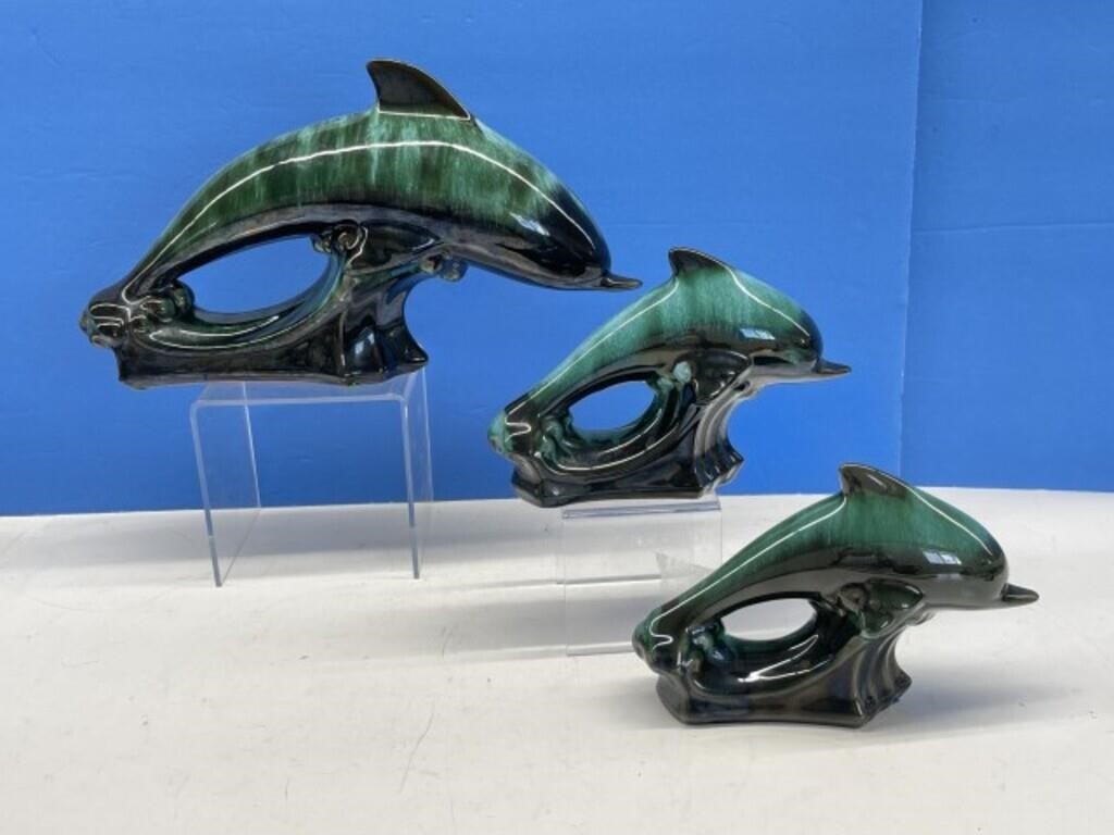 Blue Mountain Pottery - Green Glaze Dolphins (3)