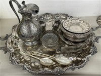 Silver Plate Items - Tray, pitcher, Spoons, S&P