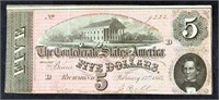 1864 $5 Confederate States Of America Currency