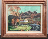 Framed Painting 27 1/2" x 23 1/2"-Mtns/River/House