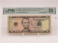 SUPER RARE $5 2009 NOTE SERIAL NUMBER 1 PMG 25