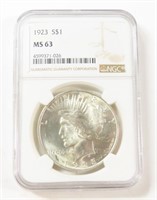 NGC GRADED 1923 SILVER PEACE DOLLAR MS63