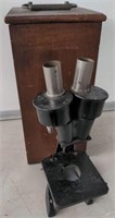 Vintage microscope with wooden case as is
