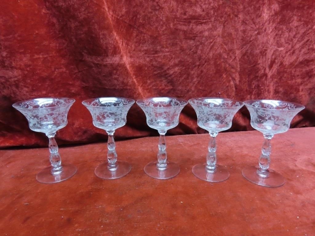 (5)Chantilly Cambridge stemmed glassware.