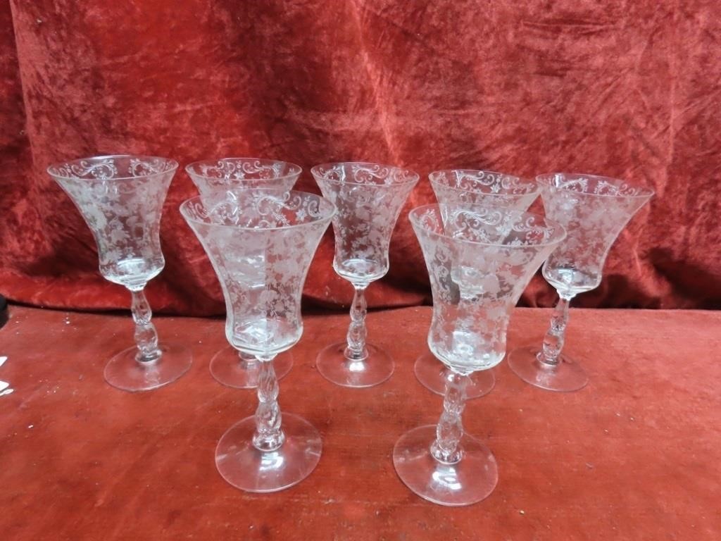 (7)Chantilly Cambridge stemmed glassware.
