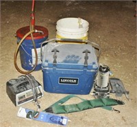 Lot misc. w/cooler, battery charger, pump & more