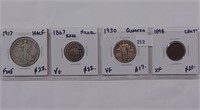 Type Coins: 1917 Half, 1867 Nickel, 1930 25¢, 1898