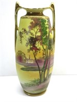 Nippon Hand Painted Double Handed Vase 10.5"T