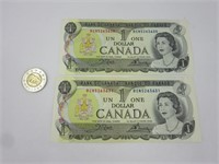 2 billets 1$ Canada 1973 avec numéro de série