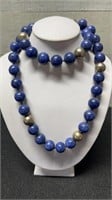 Vintage Blue Lapis & Silver Beaded Necklace 25"