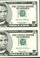 (2 CONSEC - STAR) $5 1999 (GEM) Federal Reserve