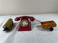 Vintage rotary phone toy, jacks, and train car
