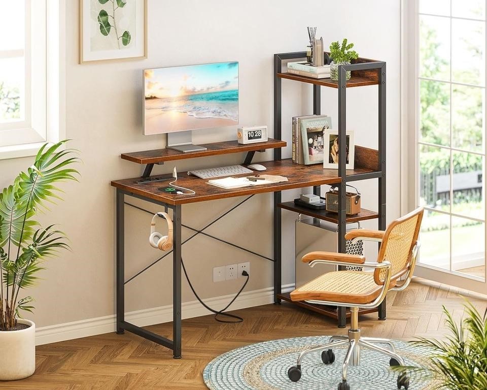 COMPUTER DESK WITH STORAGE SHELVES & MONITOR STAND