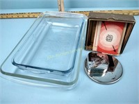 Glass baking dishes, file box, marble cheese