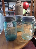 Three Vtg. Pint Sized Green Canning Jars w/ Lids