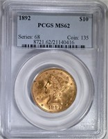 1892 $10.00 GOLD LIBERTY, PCGS MS-62