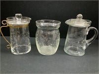 Glass Syrup Pitchers and Etched Marmalade Jar