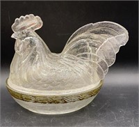 Clear Glass Rooster On Nest Lidded Dish