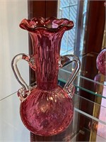 MODERN CRANBERRY GLASS VASE WITH 2 HANDLES