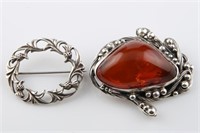 Sterling Silver and Amber Brooch with Other Brooch