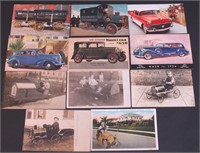 11 vintage postcards depicting vehicles
